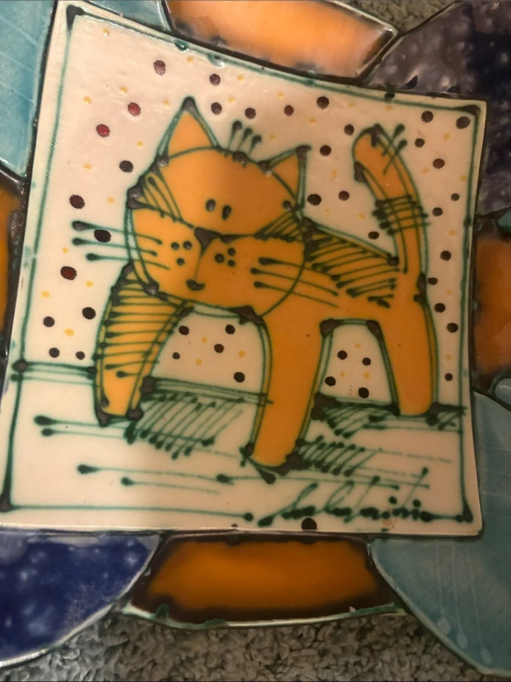 RARE Juozas & Rasa Saldaitis CAT wall /art platter with double handles ;signed - Picture 4 of 9